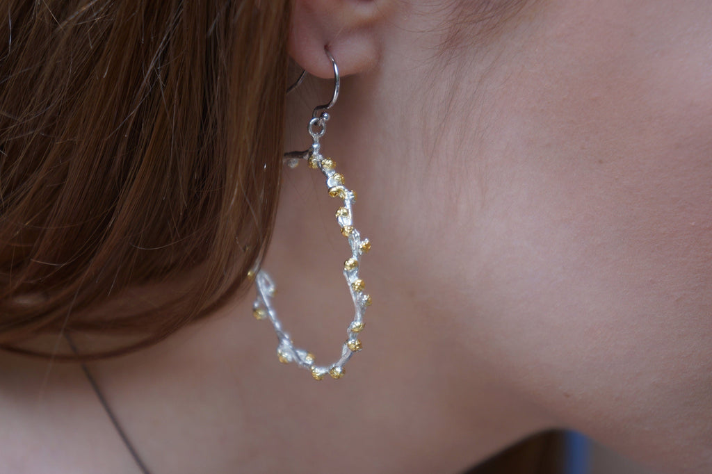 Real Acacia Twig Gold Hoop Earrings, Handmade Nature Jewelry, Organic Botanical Hoops, Gift for Renewal & Fortitude, 14K Gold Plated Sterling Silver 925